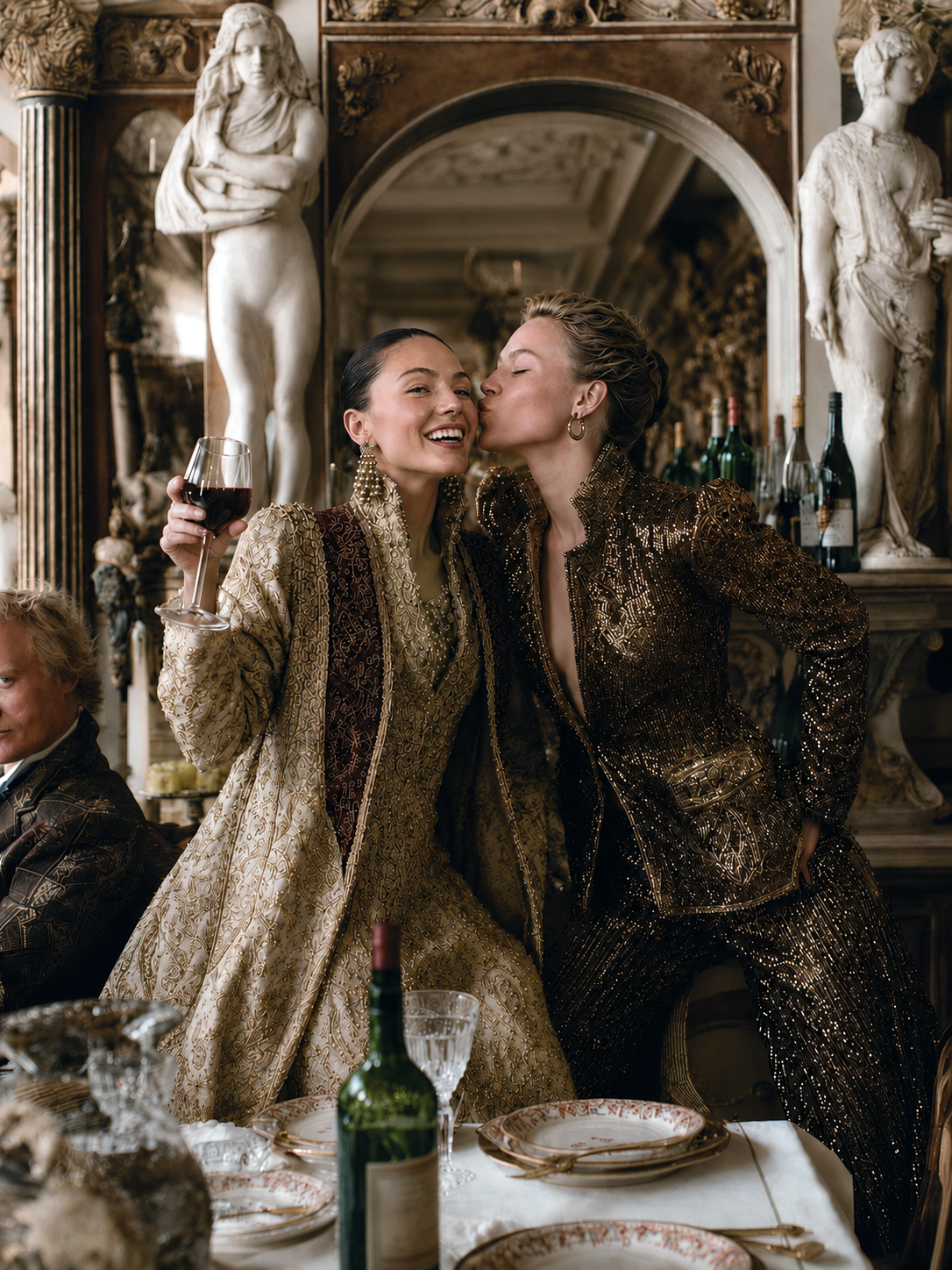 Luxury jewellery campaign in a candlelit baroque dinner setting with cinematic art direction.